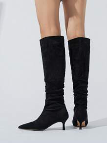 Elegant Sock Boots For Women, Faux Suede Slip-on Pyramid Fashion Boots - Black - View 6