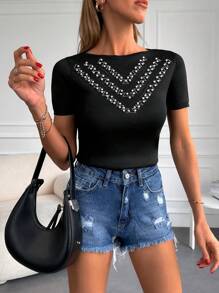 EURMUSE Pha lê Và Ngọc trai chi tiết Gân đan Áo thun - màu đen - Xem 5