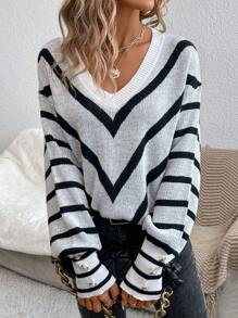 SHEIN LUNE Mẫu sọc Thả vai Áo len - Nhiều màu - Xem 3