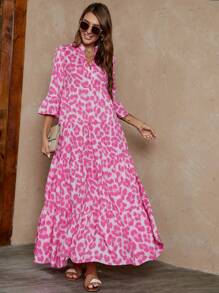 SHEIN LUNE 女式 V 领荷叶边喇叭长连衣裙，立领灯笼袖，夏季 - 彩色 - 查看 3