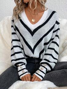 SHEIN LUNE Mẫu sọc Thả vai Áo len - Nhiều màu - Xem 5