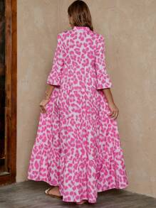 SHEIN LUNE 女式 V 领荷叶边喇叭长连衣裙，立领灯笼袖，夏季 - 彩色 - 查看 2