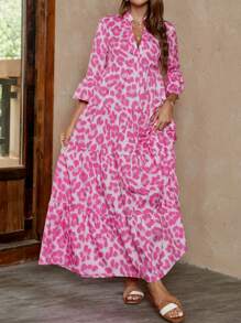 SHEIN LUNE 女式 V 领荷叶边喇叭长连衣裙，立领灯笼袖，夏季 - 彩色 - 查看 4