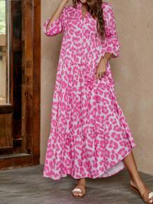 SHEIN LUNE 女式 V 领荷叶边喇叭长连衣裙，立领灯笼袖，夏季 - 彩色 - 查看 5