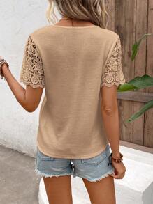 EMERY ROSE Contrast Lace Notched Neck Tee - Khaki - View 2