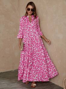 SHEIN LUNE 女式 V 领荷叶边喇叭长连衣裙，立领灯笼袖，夏季 - 彩色 - 查看 6