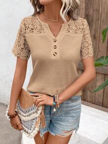 EMERY ROSE Contrast Lace Notched Neck Tee - Khaki - View 3
