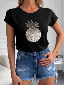 EURMUSE 亮片拼接鳳梨樣式T恤 - 黑色 - 查看 2