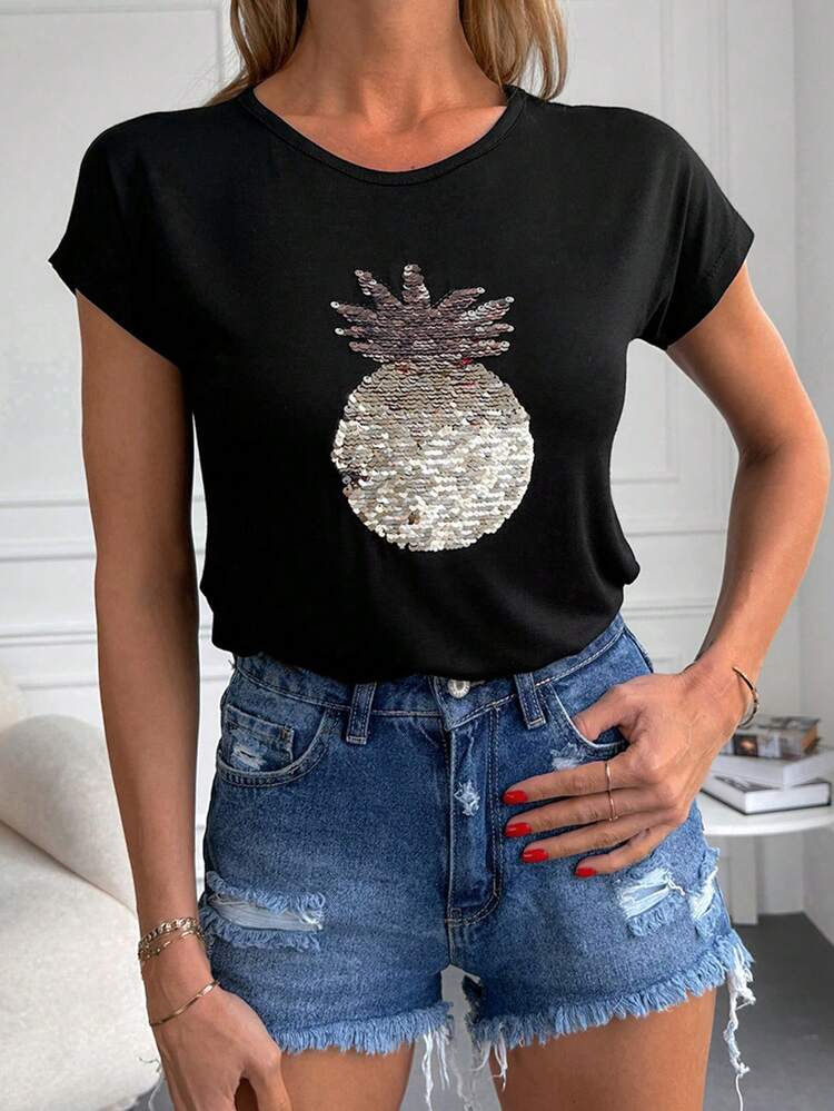 EURMUSE Tương phản Sequin Hoa văn dứa Áo thun - màu đen - Xem 2