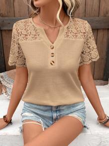 EMERY ROSE Contrast Lace Notched Neck Tee - Khaki - View 5