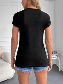 EURMUSE 亮片拼接鳳梨樣式T恤 - 黑色 - 查看 5