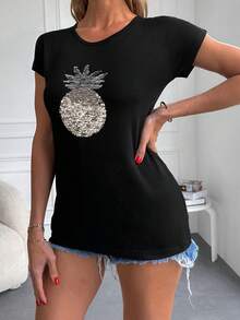 EURMUSE 亮片拼接鳳梨樣式T恤 - 黑色 - 查看 3