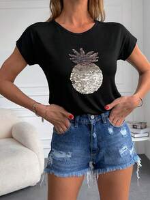 EURMUSE 亮片拼接鳳梨樣式T恤 - 黑色 - 查看 4