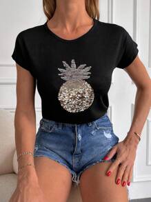 EURMUSE 亮片拼接鳳梨樣式T恤 - 黑色 - 查看 1