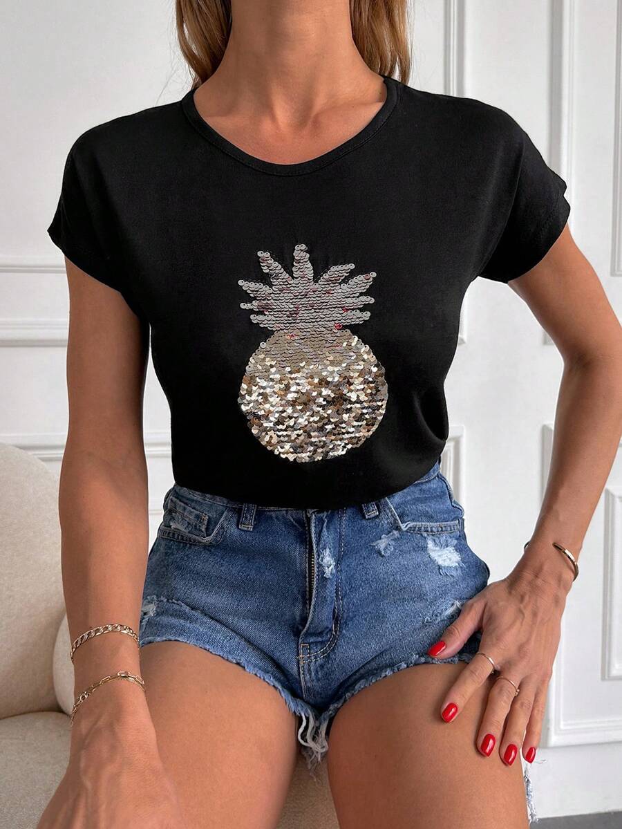 EURMUSE 亮片拼接鳳梨樣式T恤 - 黑色 - 查看 1