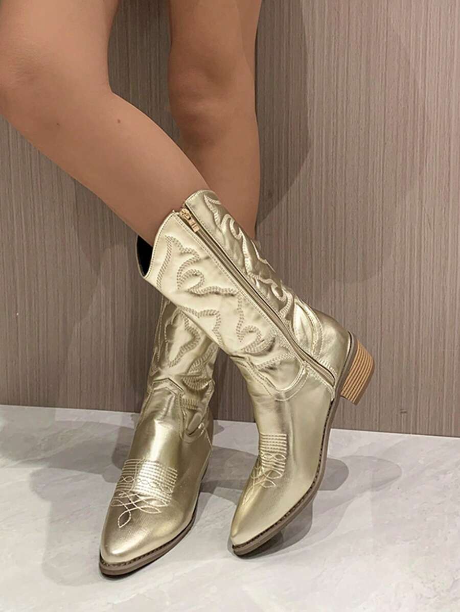 Women's Embroidered Chelsea Silver Boots - Gold - View 1
