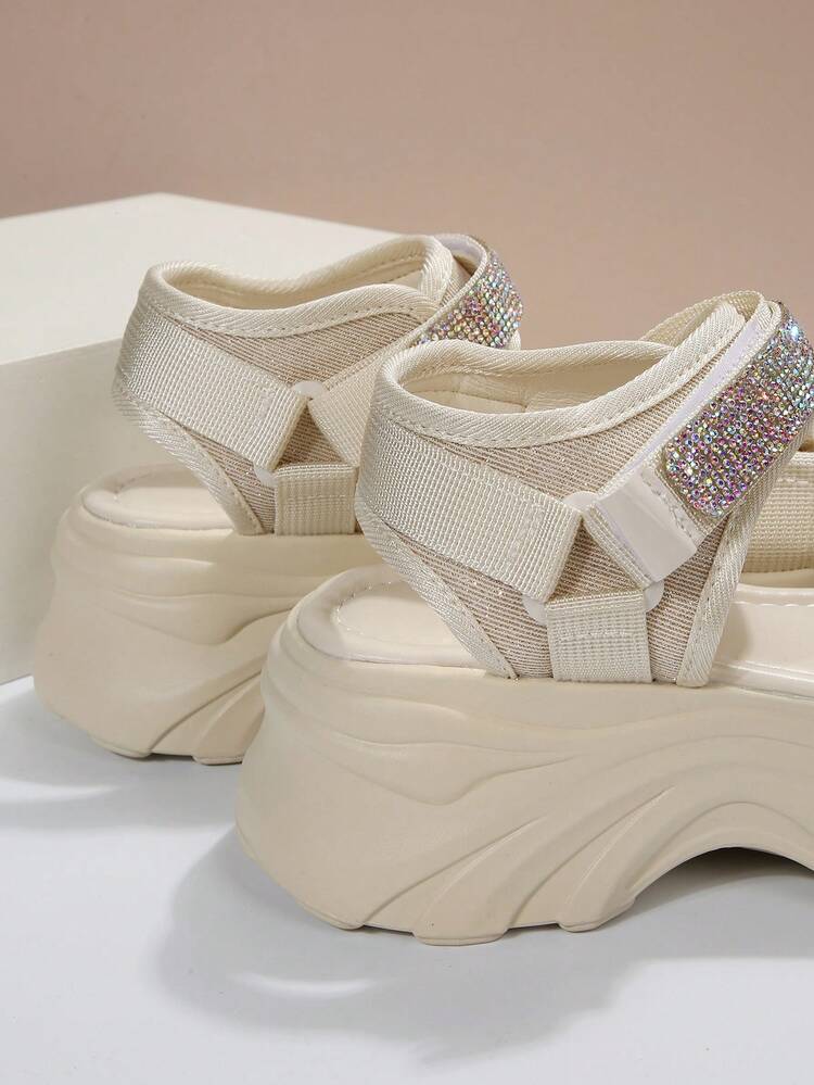 de moda exterior Sandalias deportivas para mujeres , con diseño de diamante de imitación con diseño de abertura Sandalias - Beis - Añade 3