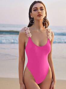 Appliques Detail One Piece Swimsuit - Hot Pink - View 1