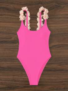 Appliques Detail One Piece Swimsuit - Hot Pink - View 5