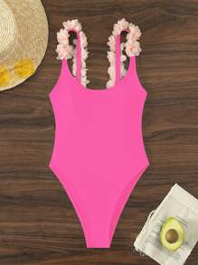Appliques Detail One Piece Swimsuit - Hot Pink - View 6