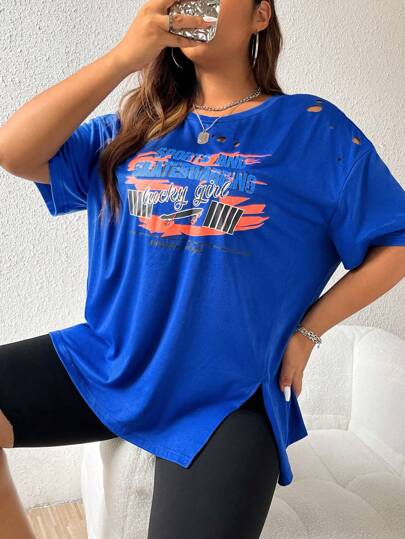 SHEIN Coolane 大碼字母圖案破洞落肩袖下擺開叉T恤