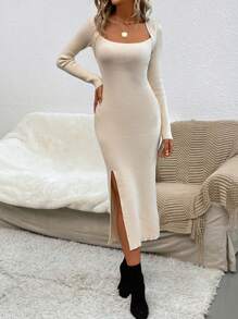 SHEIN Essnce Scoop Neck Split Thigh Sweater Dress In Fall/Winter - Apricot - View 1