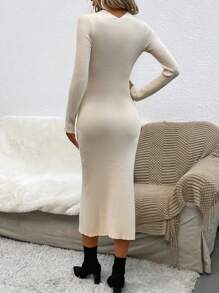 SHEIN Essnce Scoop Neck Split Thigh Sweater Dress In Fall/Winter - Apricot - View 2