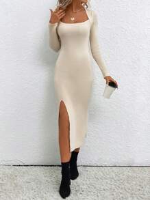 SHEIN Essnce Scoop Neck Split Thigh Sweater Dress In Fall/Winter - Apricot - View 3