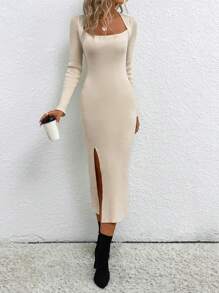 SHEIN Essnce Scoop Neck Split Thigh Sweater Dress In Fall/Winter - Apricot - View 4