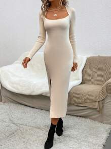 SHEIN Essnce Scoop Neck Split Thigh Sweater Dress In Fall/Winter - Apricot - View 7