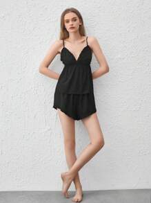 Ocili Bộ đồ ngủ ngắn & yếm Babydoll viền viền Silky Feel Hem - Đen - màu đen - Xem 6