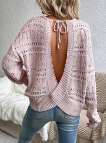 SHEIN Privé 後背繫帶網眼針織落肩袖套頭毛衣 - 淺粉色 - 查看 1