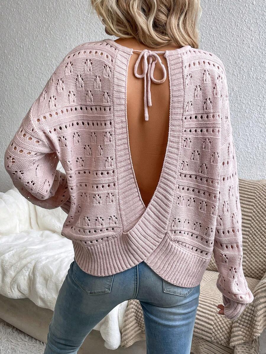 SHEIN Privé 後背繫帶網眼針織落肩袖套頭毛衣 - 淺粉色 - 查看 1