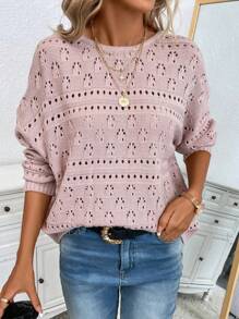 SHEIN Privé 後背繫帶網眼針織落肩袖套頭毛衣 - 淺粉色 - 查看 3