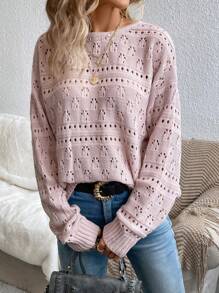 SHEIN Privé 後背繫帶網眼針織落肩袖套頭毛衣 - 淺粉色 - 查看 4