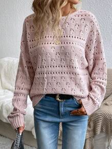 SHEIN Privé 後背繫帶網眼針織落肩袖套頭毛衣 - 淺粉色 - 查看 5