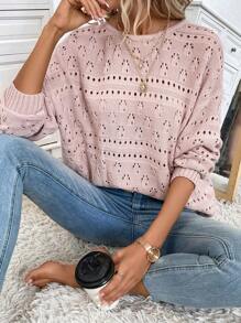 SHEIN Privé 後背繫帶網眼針織落肩袖套頭毛衣 - 淺粉色 - 查看 7