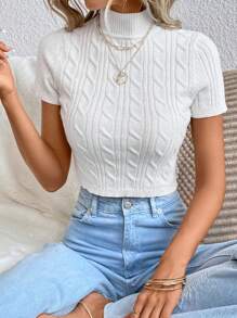 SHEIN Essnce 高領麻花編織上衣 - 白色 - 查看 5