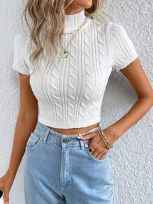 SHEIN Essnce 高領麻花編織上衣 - 白色 - 查看 7