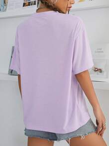 INAWLY Letter Graphic Drop Shoulder Tee Graphic Tees Women Tops - Purple - View 2