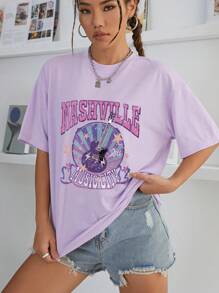 INAWLY Letter Graphic Drop Shoulder Tee Graphic Tees Women Tops - Purple - View 4