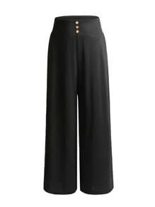 SHEIN Franclia Plus Button Front Wide Leg Pants - Black - View 1