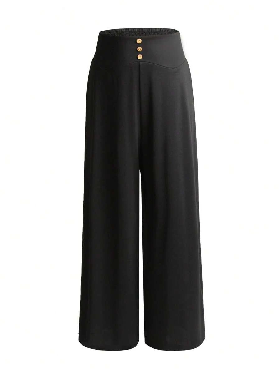 SHEIN Franclia Plus Button Front Wide Leg Pants - Black - View 1