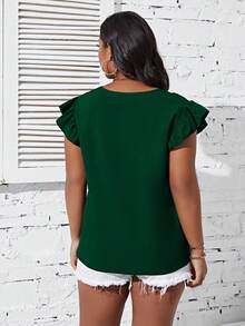 SHEIN Franclia Talla grande Blusa de rayas ribete con fruncido de cuello cruzado de manga mariposa - Verde Oscuro - Ver 2