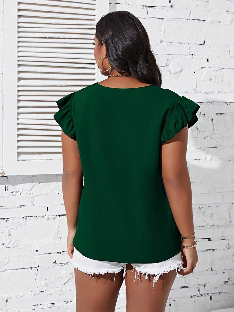 SHEIN Franclia Talla grande Blusa de rayas ribete con fruncido de cuello cruzado de manga mariposa - Verde Oscuro - Añade 2
