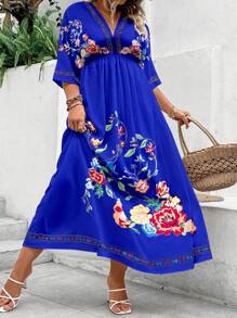 SHEIN Holidaya Talla grande Vestido con estampado floral de manga murciélago - azul real - Ver 1