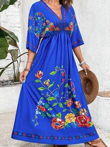 SHEIN Holidaya Talla grande Vestido con estampado floral de manga murciélago - azul real - Ver 3
