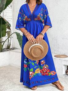 SHEIN Holidaya Talla grande Vestido con estampado floral de manga murciélago - azul real - Ver 4