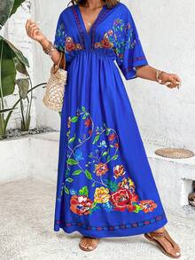 SHEIN Holidaya Talla grande Vestido con estampado floral de manga murciélago - azul real - Ver 5