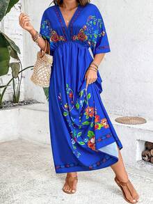 SHEIN Holidaya Talla grande Vestido con estampado floral de manga murciélago - azul real - Ver 6